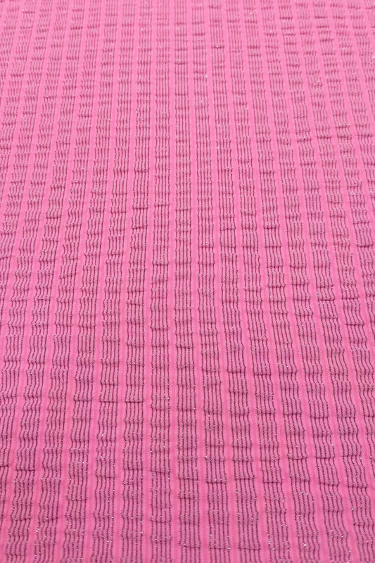 Metallic Nylon Jacquard Fabric - Vibrant Pink with Wavy Glitter Stripes