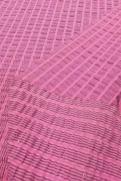 Metallic Nylon Jacquard Fabric - Vibrant Pink with Wavy Glitter Stripes