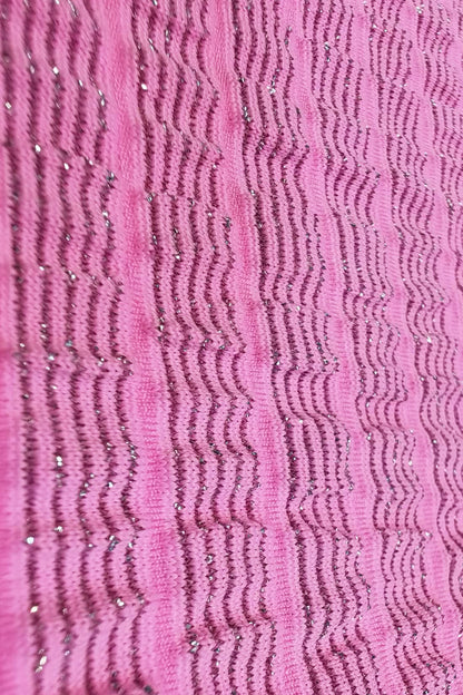 Metallic Nylon Jacquard Fabric - Vibrant Pink with Wavy Glitter Stripes